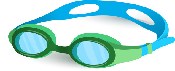 Blue and green swim goggles isolated on white. Swimming accessory for pool or sea. Water sports gear vector illustration.
