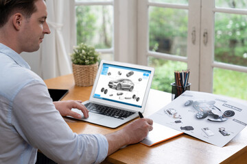 Fototapeta na wymiar Car design engineer analyze car prototype for automobile business at home office. Automotive engineering designer carefully analyze, finding flaws and improvement for car design with laptop Synchronos