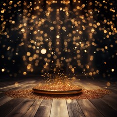 golden confetti rain on festive stage with light beam in the middle, empty room at night mockup with copy space for award ceremony, jubilee, New Year's party or product presentations - Generative AI