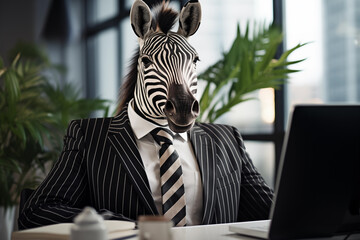 Businessman with zebra mask working in office. Business concept. Anthropomorphic animal character