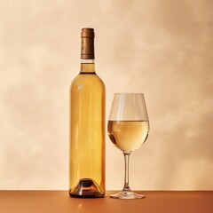 Bottle and glass of white wine on a beige background. - Generative AI