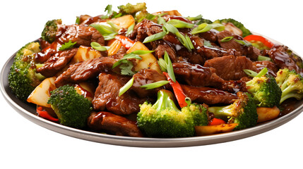 Beef stir fry, stir-fried beef, Asian cuisine, sliced beef, colorful vegetables, soy sauce, sesame oil, transparent background, isolated beef stir fry, culinary delight, savory dish, food photography