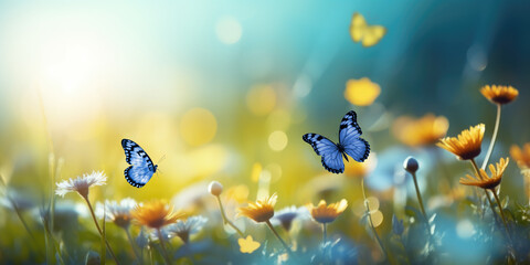Blue butterflies flutter above a sunlit meadow teeming with yellow daisies.