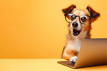 A dog with glasses and a surprised look on her face is looking at a laptop on solid yellow background. ai generative - obrazy, fototapety, plakaty