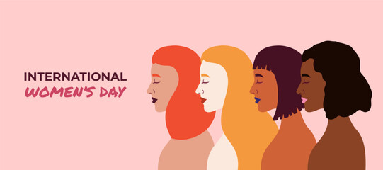 Greeting banner for March 8 with different women on pink background. International Women Day celebration