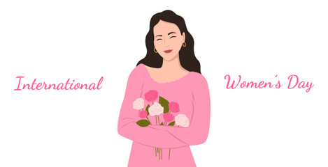 Greeting banner for March 8 with woman holding bouquet of flowers on white background. International Women Day celebration