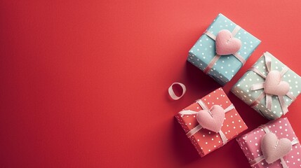 Fototapeta na wymiar Handmade Valentine's gift boxes in pastel colors on a red backdrop, soft, dreamy ambiance, Paper Craft, detailed textures,