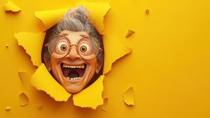 A crazy laughing grandma looks through a hole in a yellow wall, smiling, cartoon illustration - obrazy, fototapety, plakaty