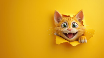 A crazy laughing cat looks through a hole in a yellow wall, smiling, cartoon illustration - obrazy, fototapety, plakaty