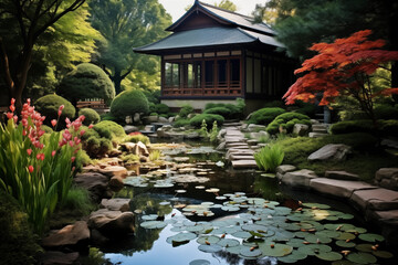 Japanese garden with pond and gazebo in the background. - obrazy, fototapety, plakaty
