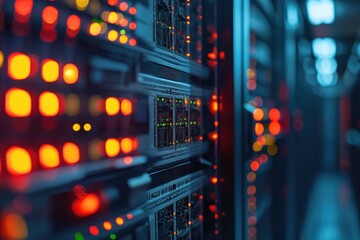 Closeup data storage server room switchboard with glowing orange LED lights technology IT background
