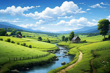 Idyllic pastoral scene of a stream surrounded by green hills and rural huts against a blue sky with clouds. Peaceful rural landscape