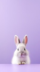 Cute bunny little ears, white rabbit on lavender background, Easter celebrations and pet care with copyspace for text.