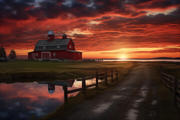 Red barn at sunset in the countryside with a reflection in the water