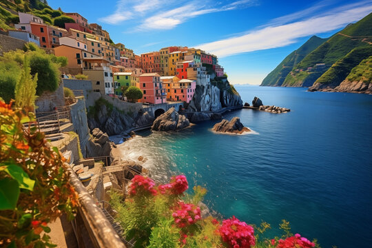 Idyllic coastal Mediterranean village with colorful houses on the shore of a rocky bay on a sunny summer morning
