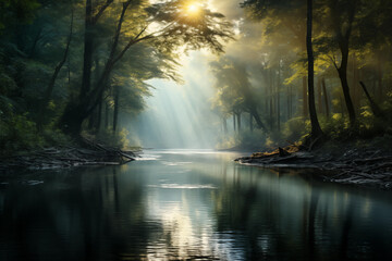 Beautiful river in the forest with sunbeams and lens flare. Fog in the forest at dawn