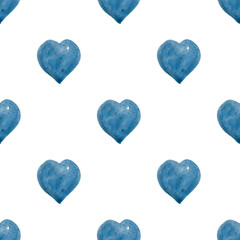 Blue hearts in watercolor. Seamless chess pattern