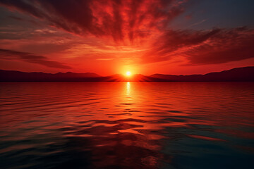 Fototapeta na wymiar Beautiful red sunset over the sea. Dramatic clouds and sun on the horizon.