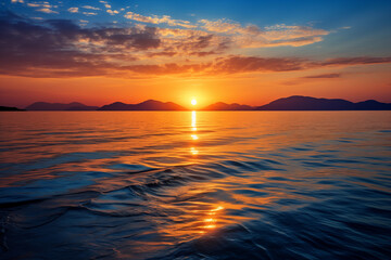 Obraz premium Beautiful sunset over the sea. Dramatic clouds and sun on the horizon. Golden hour