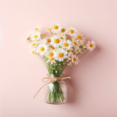A chamomile bouquet on a pastel pink background. Mother's Day concept. ai generative