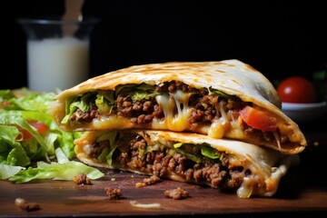 Homemade beef crunch wrap supreme. Supreme nachos cut in half and stacked on each other - obrazy, fototapety, plakaty