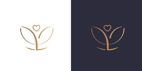 Letter L logo flower and heart monogram, circle, minimal style identity initial logo mark. Golden gradient vector emblem logotype for business cards initials.