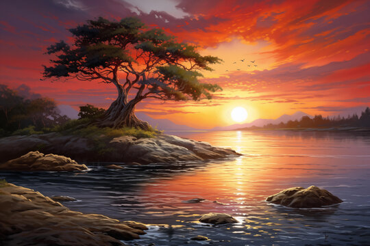 Sunset over the sea with a tree in the foreground, peaceful seascape