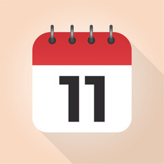 Calendar day 11. Number eleven on a white paper with red border on beige background vector. 11th Day.