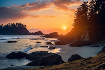 Obraz premium Beautiful sunset at the beach with rocks and trees in the foreground