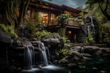  Beautiful waterfall in a tropical garden at night. Country house in a tropical climate © Татьяна Евдокимова