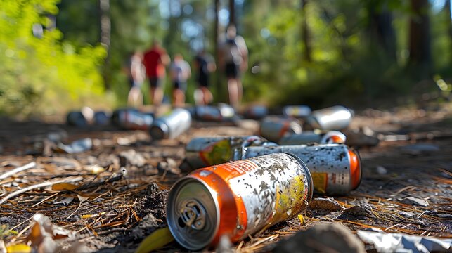 old aluminum cans littering the forest floor, showcasing environmental pollution and the negative impact of human waste on natural ecosystems.