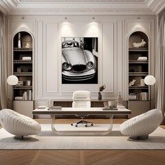 modern living room with desk white black