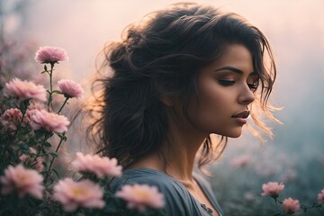 Naklejka premium pretty woman silhouette mist flowers pastel colors. ai generative
