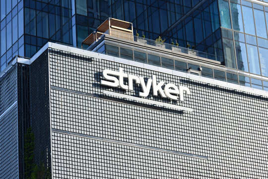 Stryker company office with signage, logo on the facade. American medical technologies corporation. WARSAW, POLAND - MAY 21, 2023