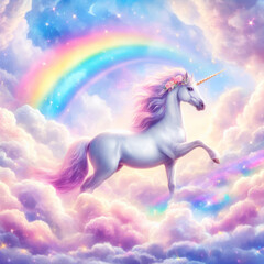Obraz na płótnie Canvas A magical unicorn in a gorgeous sky filled with fluffy clouds and rainbows. ai generative