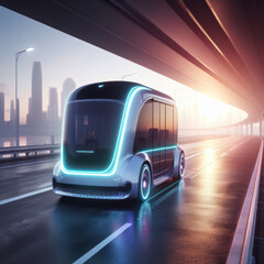 A futuristic electric autonomous bus driving on an open highway. ai generative - obrazy, fototapety, plakaty