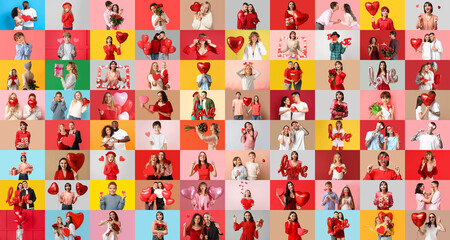 Obraz na płótnie Canvas Big collage of different people celebrating Happy Valentines Day on color background