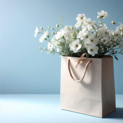 White flowers in a white bag against a blue background. ai generative