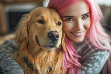 Pink haired young adult woman with her golden retriever dog in a living room