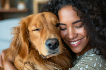 Young adult black woman with her golden retriever dog in a living room