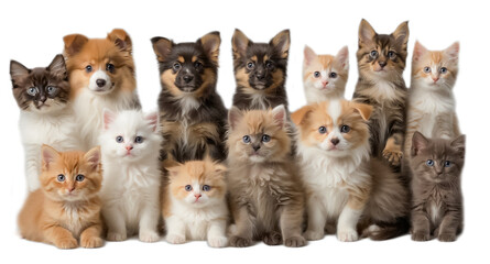 Many different puppies and kittens isolated on a white background sitting