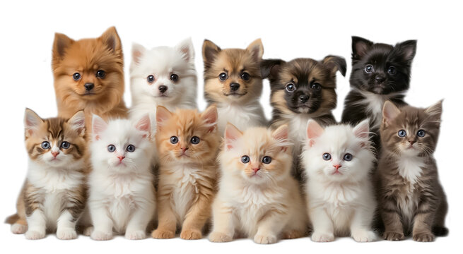 Many different puppies and kittens isolated on a white background domestic