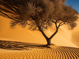 Golden sand and tree shadows.