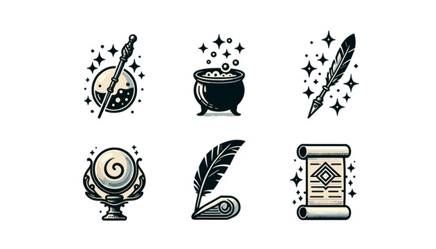 Set of five cursors and icons inspired by a wizarding world theme, capturing the essence of magical and mystical elements