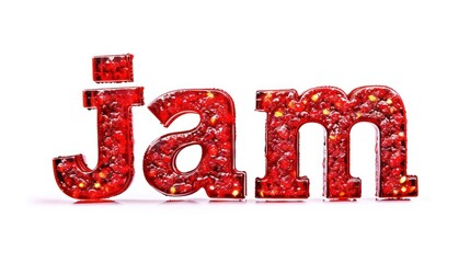 the word "jam" with letters filled with vibrant red jam and speckled with seeds, set against a white background, giving a sense of the sticky and sweet nature of fruit preserves