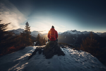 Generative AI back view image of an unrecognizable person sitting on a rock overlooking a snowy mountain range at sunset