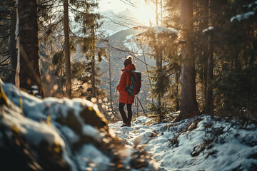 Generative AI back view image of an anonymous person in a red jacket hiking in a winter forest covered in snow and surrounded by trees