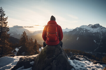 Generative AI back view image of an unrecognizable person sitting on a rock overlooking a snowy mountain range at sunset
