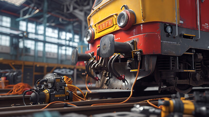 Um close-up de engenheiros realizando manutenção em uma locomotiva ferroviária exibindo a expertise técnica necessária na indústria de transporte - obrazy, fototapety, plakaty