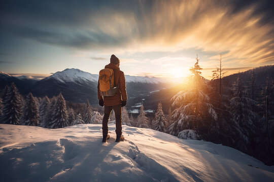 Generative AI back view image of an anonymous man standing in the snow, facing a sunrise over a mountainous landscape, with a focus on the serene beauty of the natural environment
